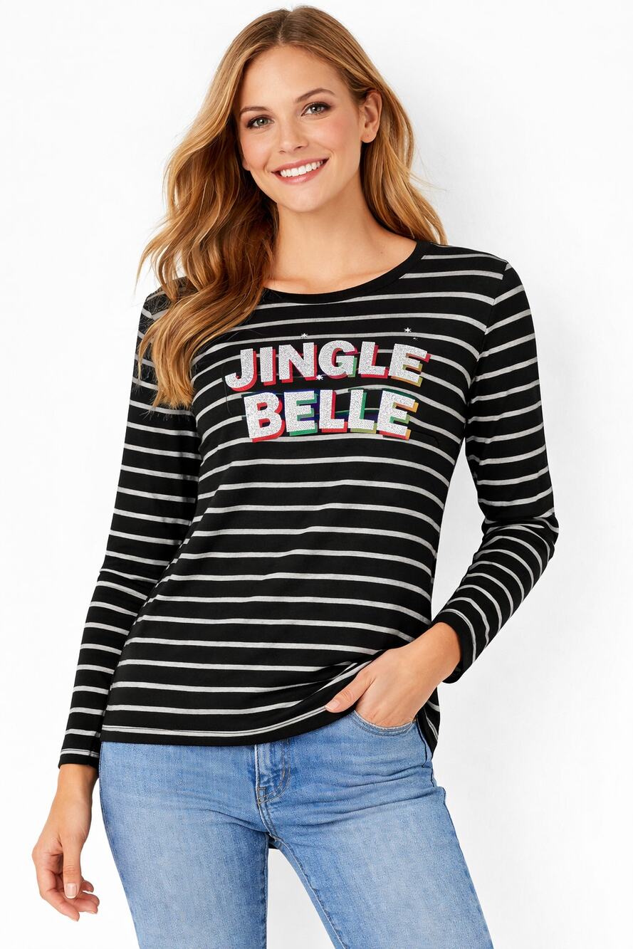 Ellen Tracy Holiday Sparkle Top Jingle Belle Striped M NWT